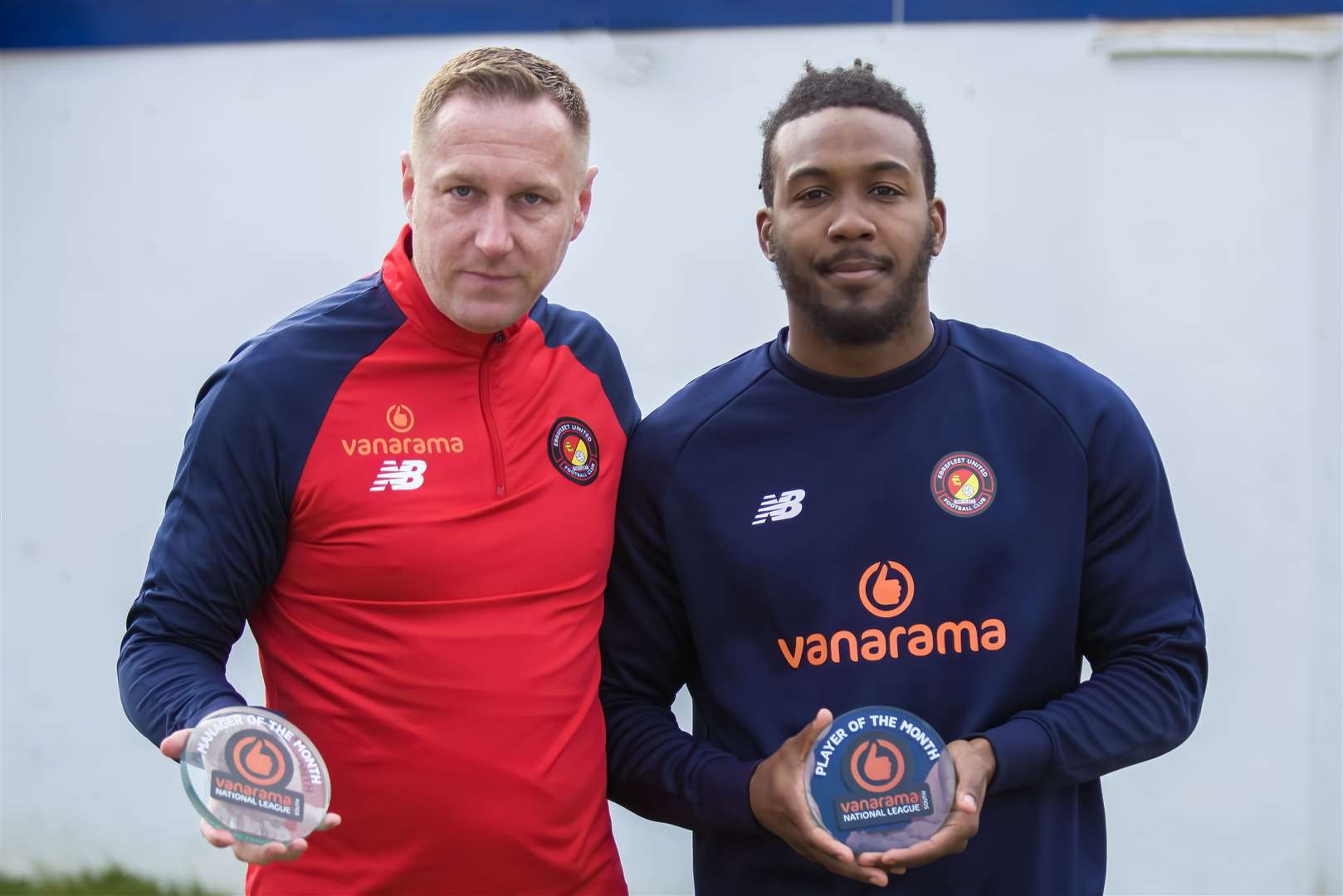 Ebbsfleet manager Dennis Kutrieb and striker Dominic Poleon with their National League South awards for February. Picture: Ed Miller/EUFC