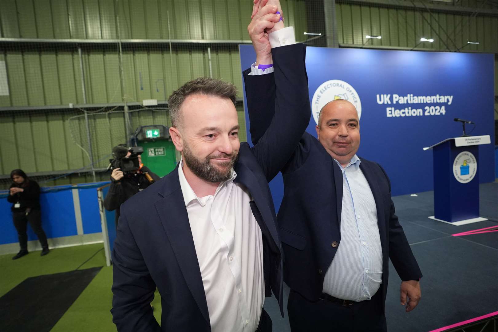 SDLP leader Colum Eastwood celebrates his election in Foyle (Niall Carson/PA)