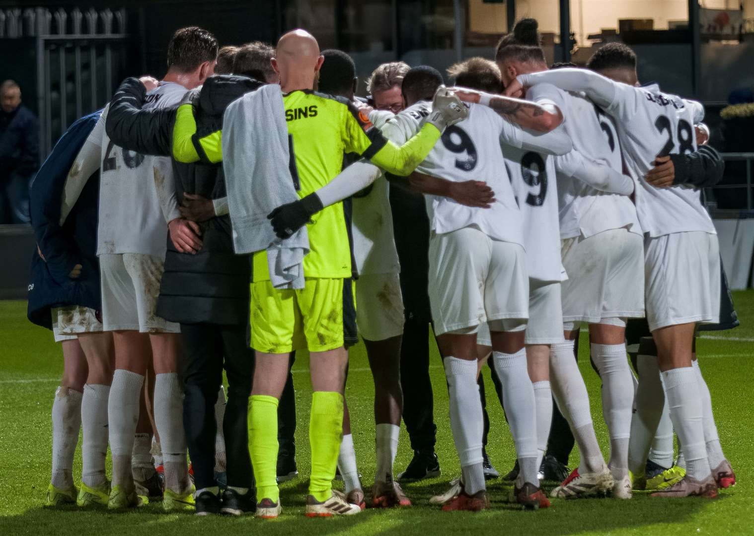 Ebbsfleet’s players listen to boss Josh Wright after their defeat at Barnet on Saturday. Picture: Ed Miller/EUFC