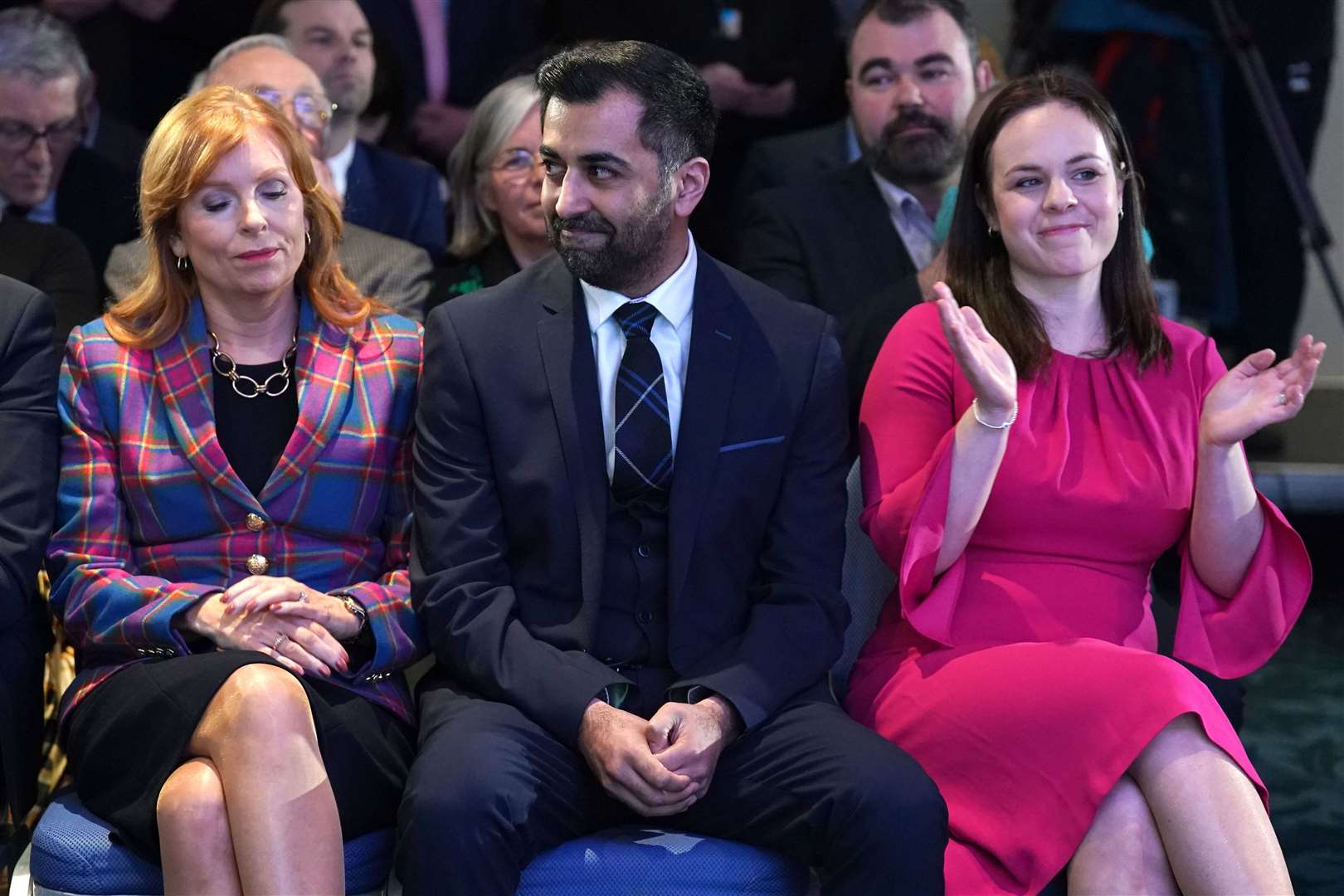 Left to right, Ash Regan, Humza Yousaf and Kate Forbes as Mr Yousaf was announced SNP leader (Andrew Milligan/PA)