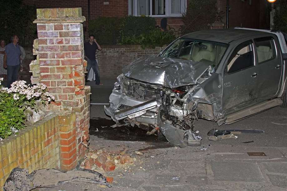 Damage to a Toyota pick-up truck that hit several cars, shops and walls in Minster. Picture: Don Wilks