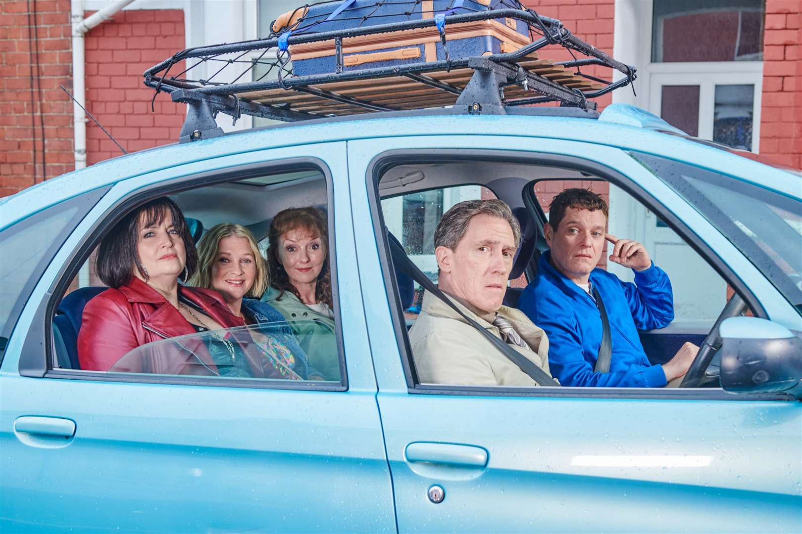 Ruth Jones as Nessa, Joanna Page as Stacey, Melanie Walters as Gwen, Rob Brydon as Bryn, and Mathew Horne as Gavin, in Gavin and Stacey: The Finale (Toffee International Ltd/Tom Jackson)