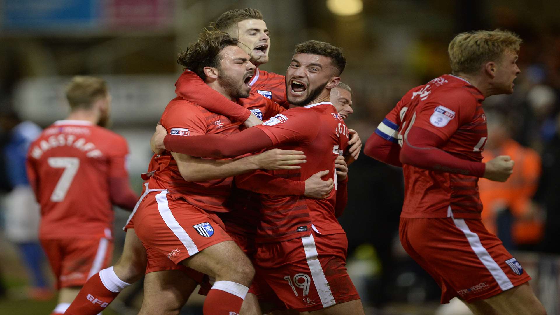 Gillingham celebrate their equaliser on Boxing Day Picture: Ady Kerry