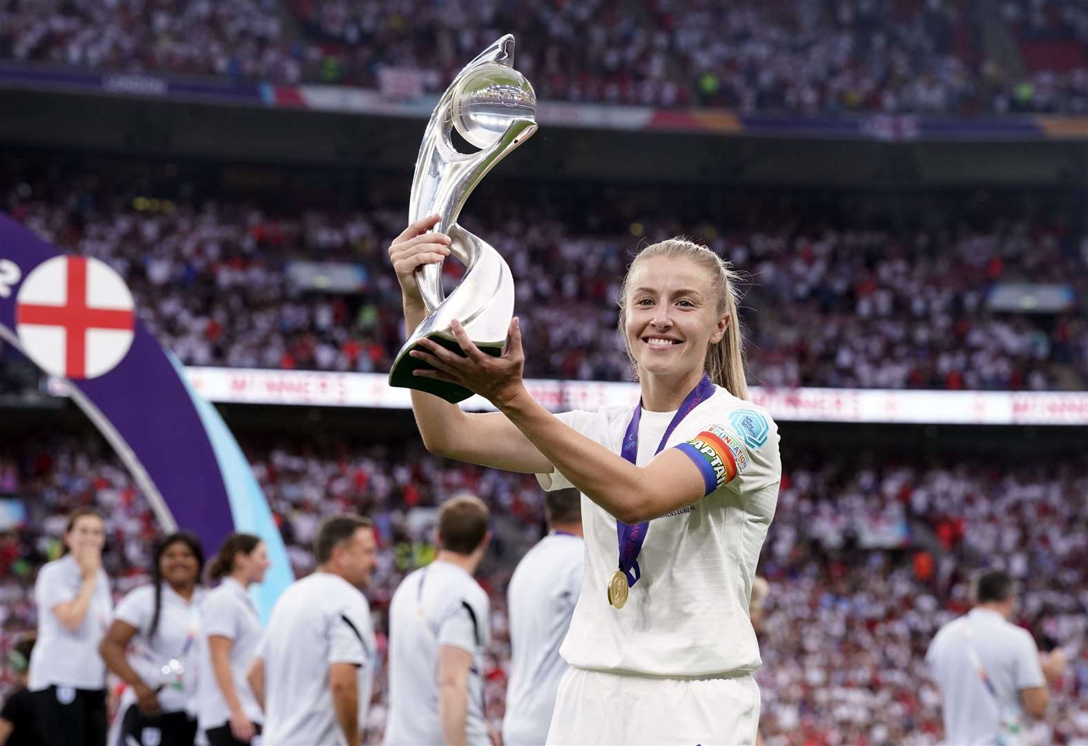 Leah Williamson lifts the Uefa Women’s Euro 2022 trophy for England. Picture: Danny Lawson/