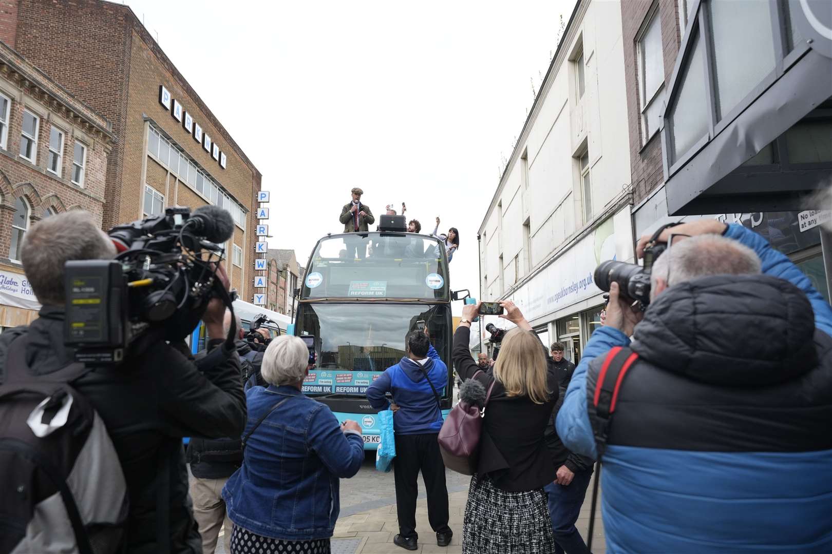 Reform UK leader Nigel Farage makes a speech on the Reform UK campaign bus in Barnsley, South Yorkshire (Danny Lawson/PA)