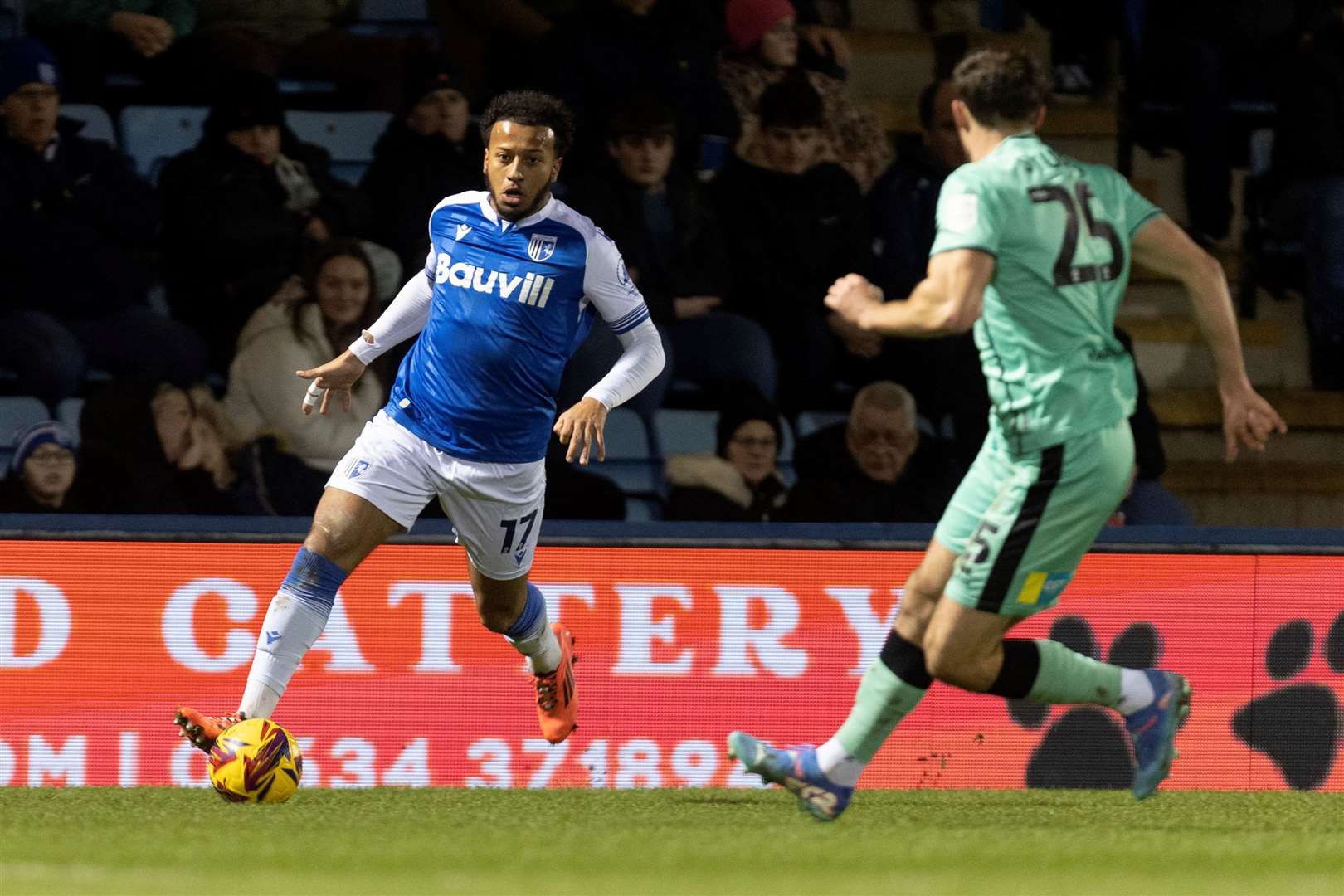 Jayden Clarke on the attack for Gillingham against Cheltenham Town at Priestfield Picture: @Julian_KPI