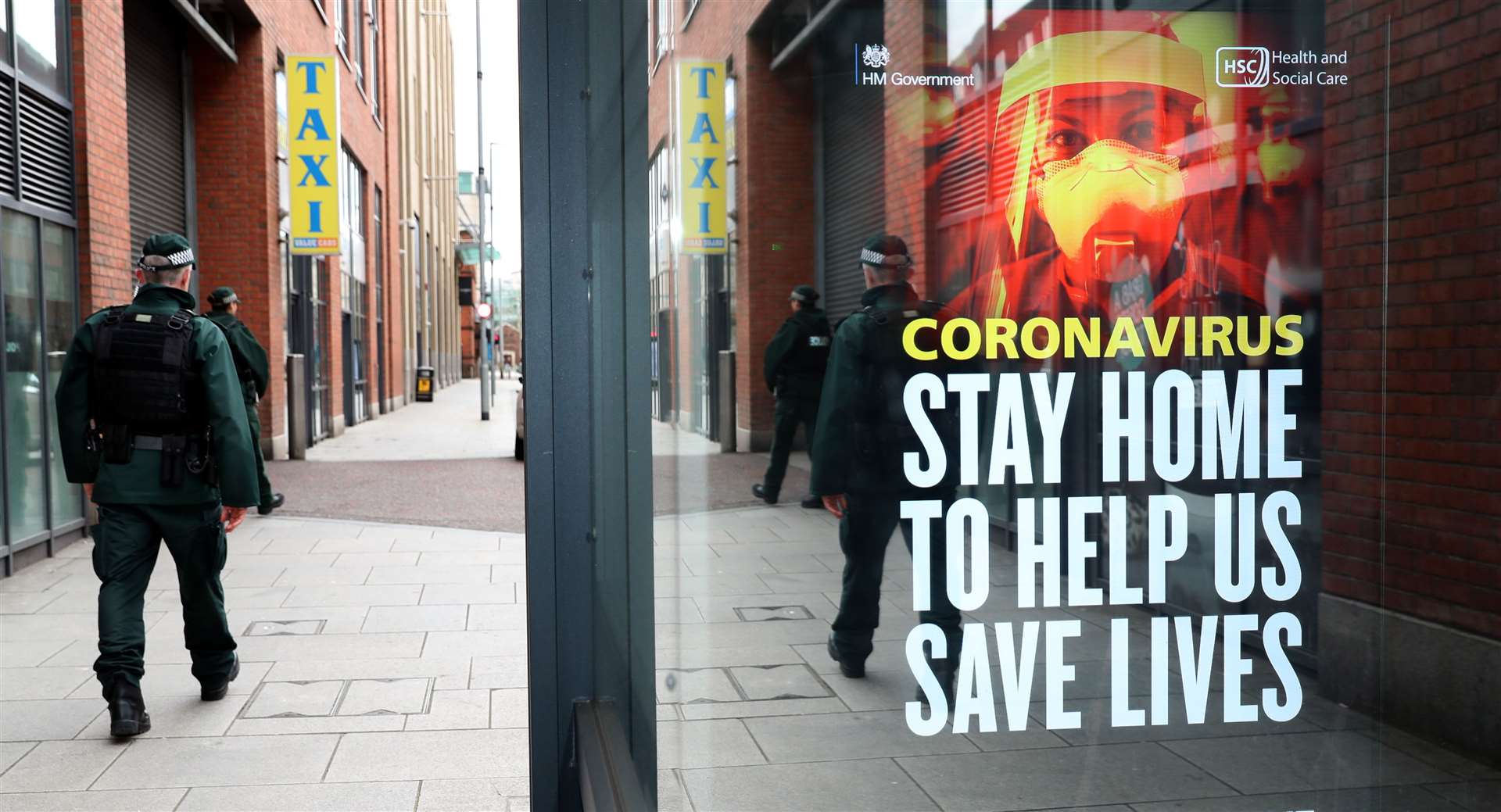 PSNI officers patrol Belfast city centre during the coronavirus lockdown (Stephen Davison/PSNI/PA)