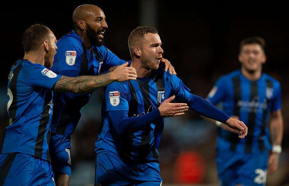 Gills celebrate their second goal at Scunthorpe. Picture: Ady Kerry