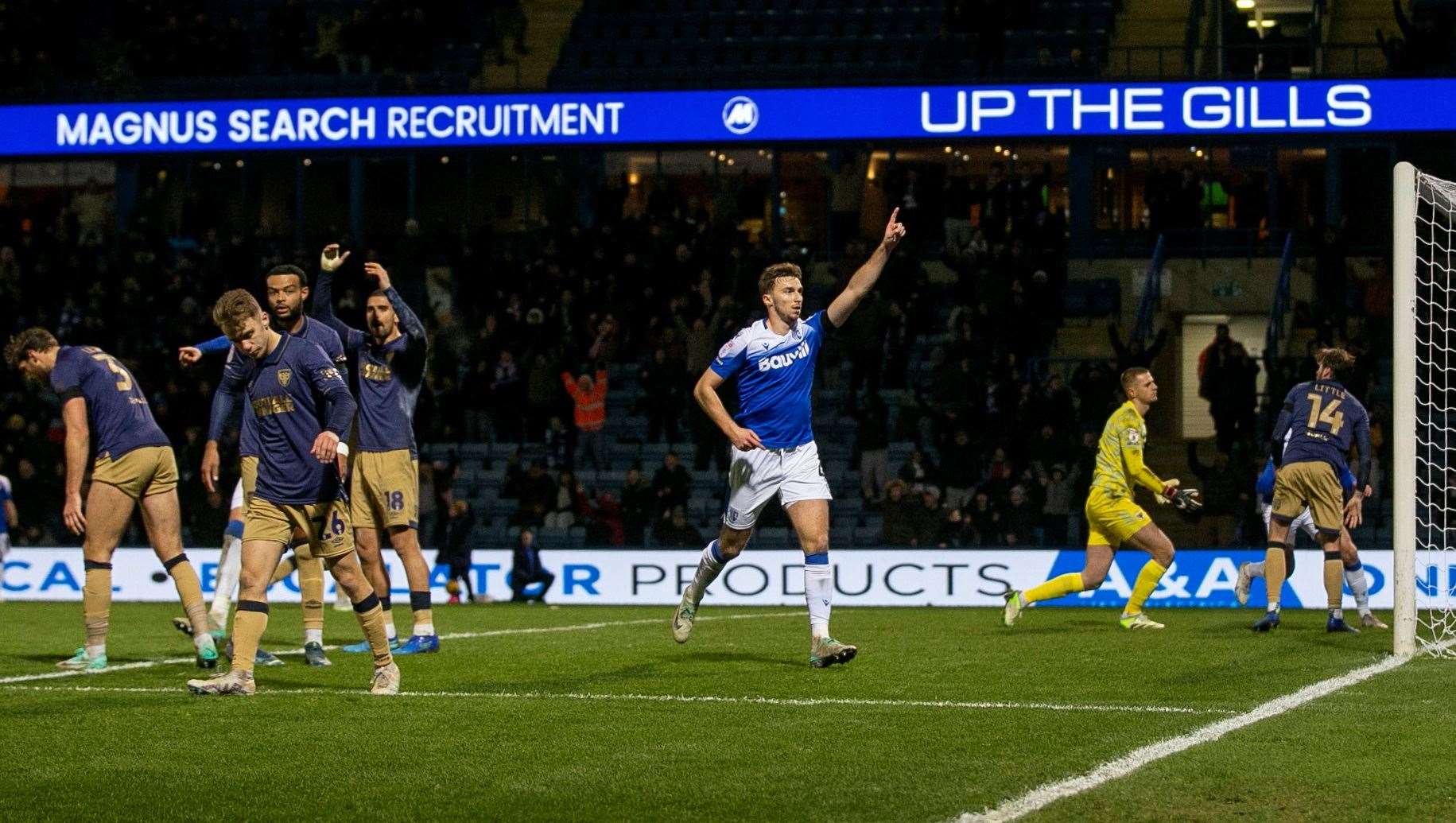 Conor Masterson celebrates his winner for Gillingham in midweek Picture: @Julian_KPI