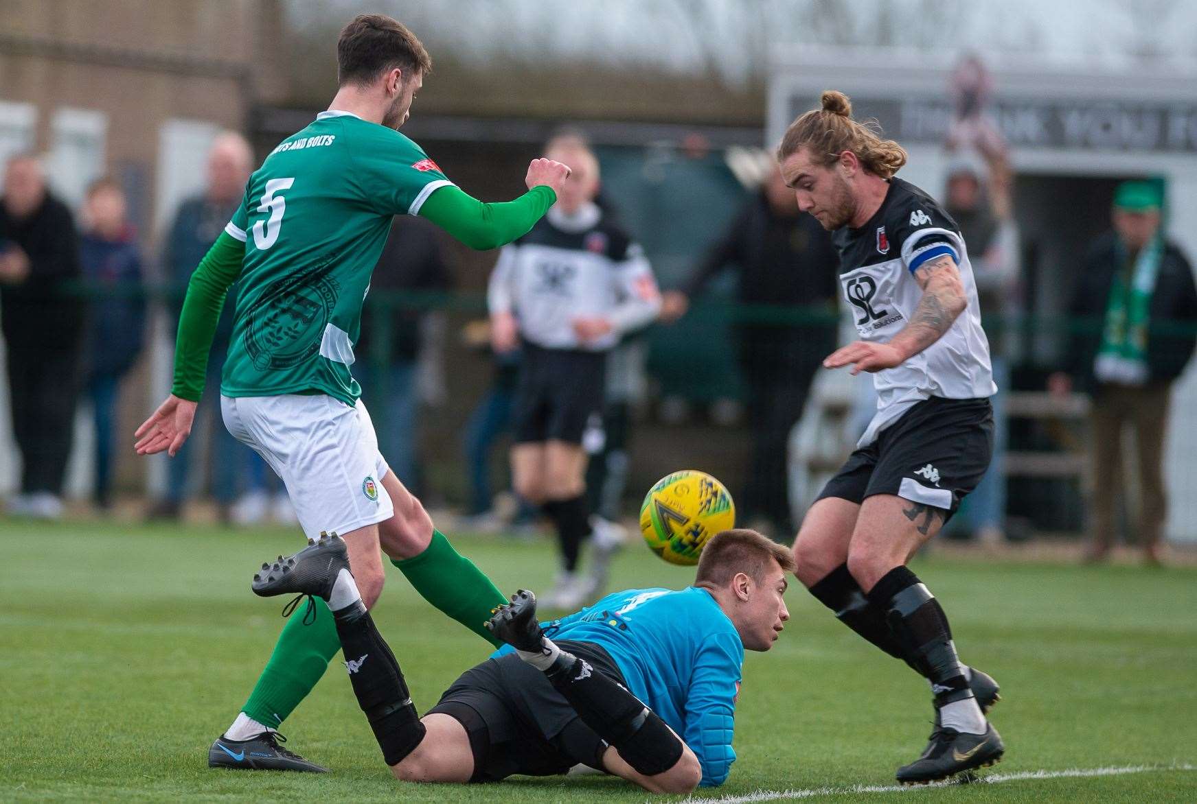 Keeper Pat Ohman, pictured last season playing for Faversham, has signed for Folkestone. Picture: Ian Scammell