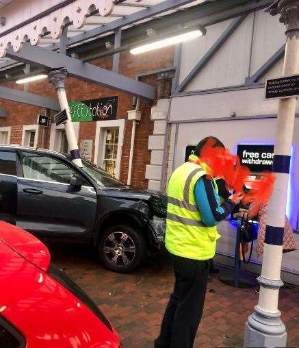 The car hit a pillar supporting the canopy. Picture: Dhruvin Patel