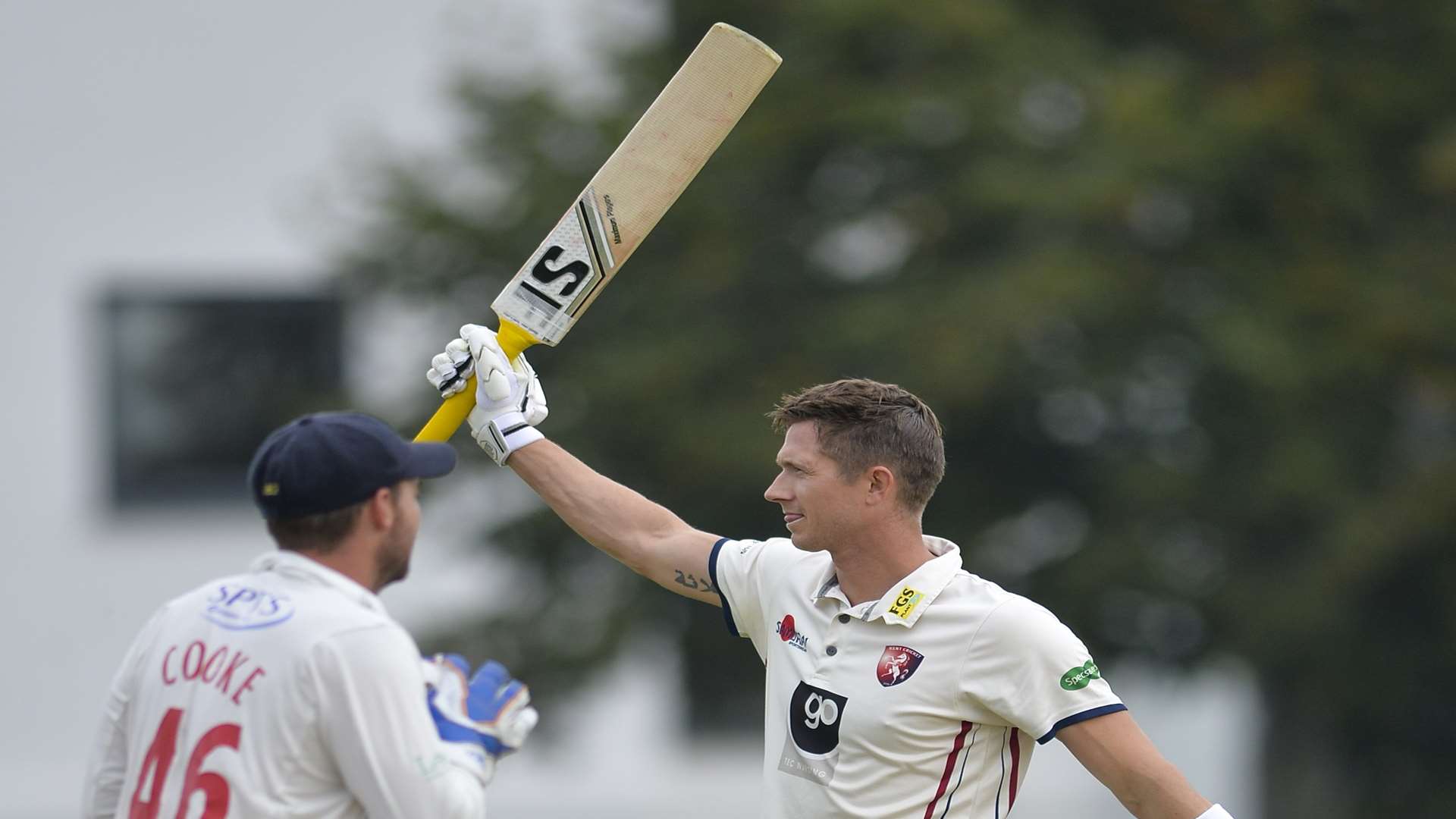 Kent's Joe Denly celebrates his century. Picture: Ady Kerry