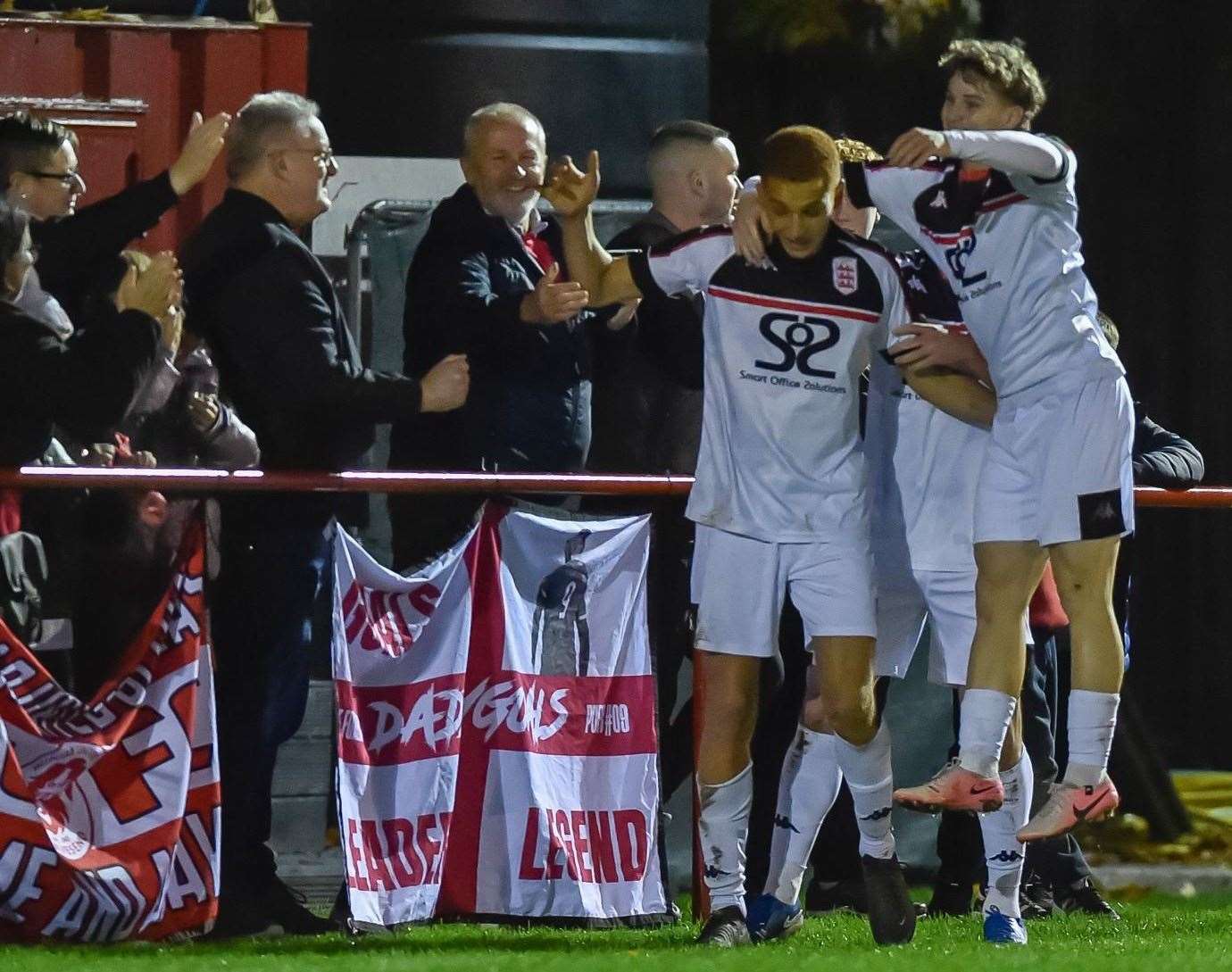 Celebrations for Faversham as they ran out 3-0 winners at Punjab United. Picture: Ian Scammell