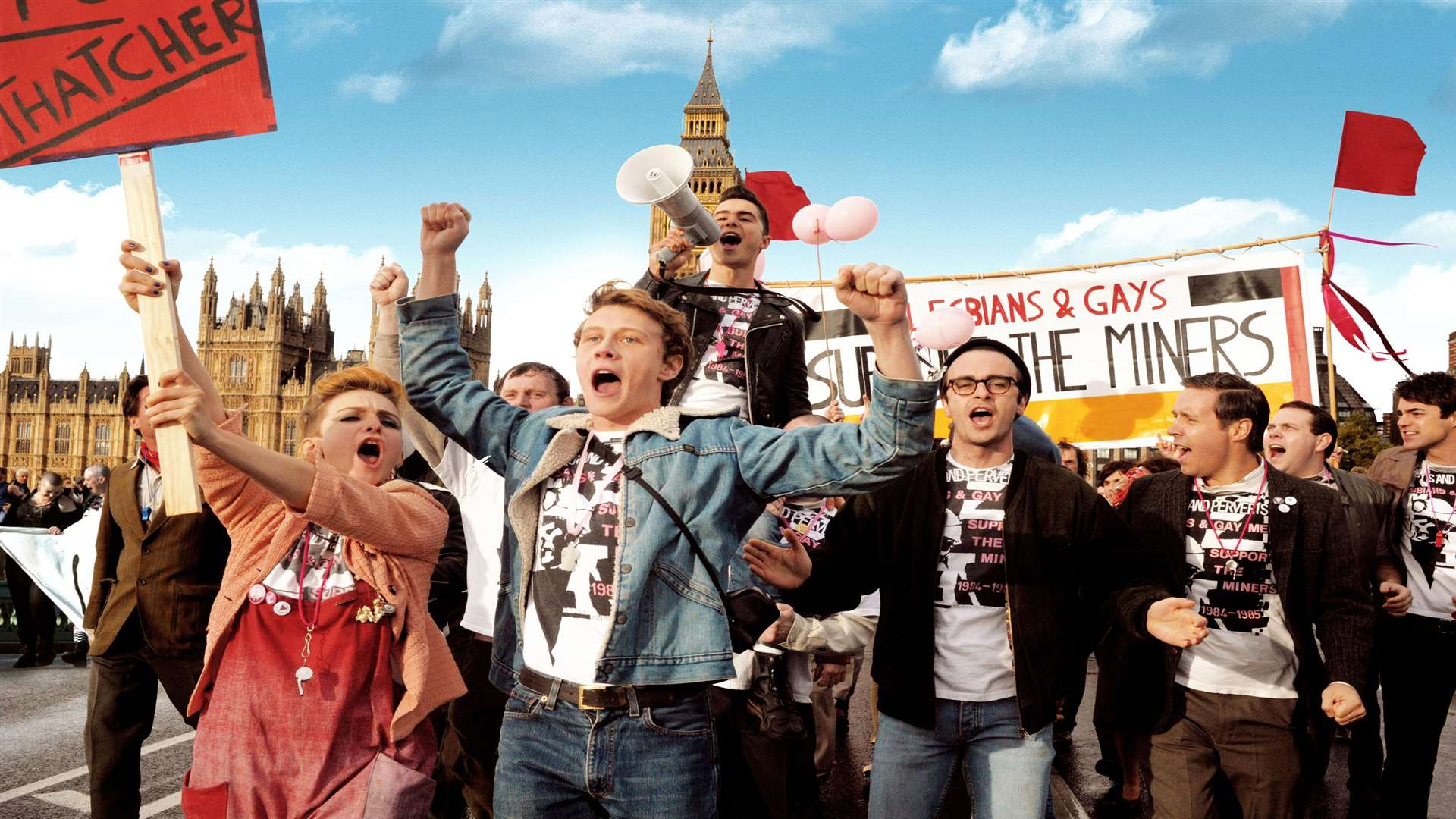 Aye Marsay (Steph), George Mackay (Joe), Ben Schnetzer (Mark), Joseph Gilgun (Mike) and Paddy Considine (Dai) in Pride. Picture: PA Photo/Pathe