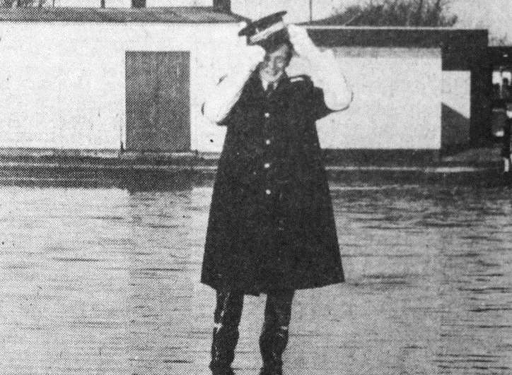 You can't park there. A stranded traffic warden when the sea flooded Sheerness in January 1978. KM Photographer.