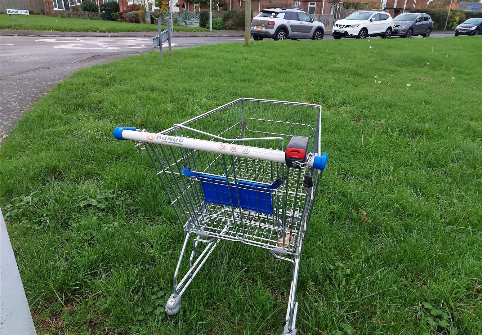 A trolley from The Range dumped on the junction of Belmont Road and Rylands Road in Kennington