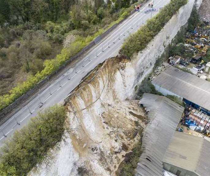 The A226 Galley Hill Road in Swanscombe has been shut since April following a major landslip. Photo: High Profile Aerial