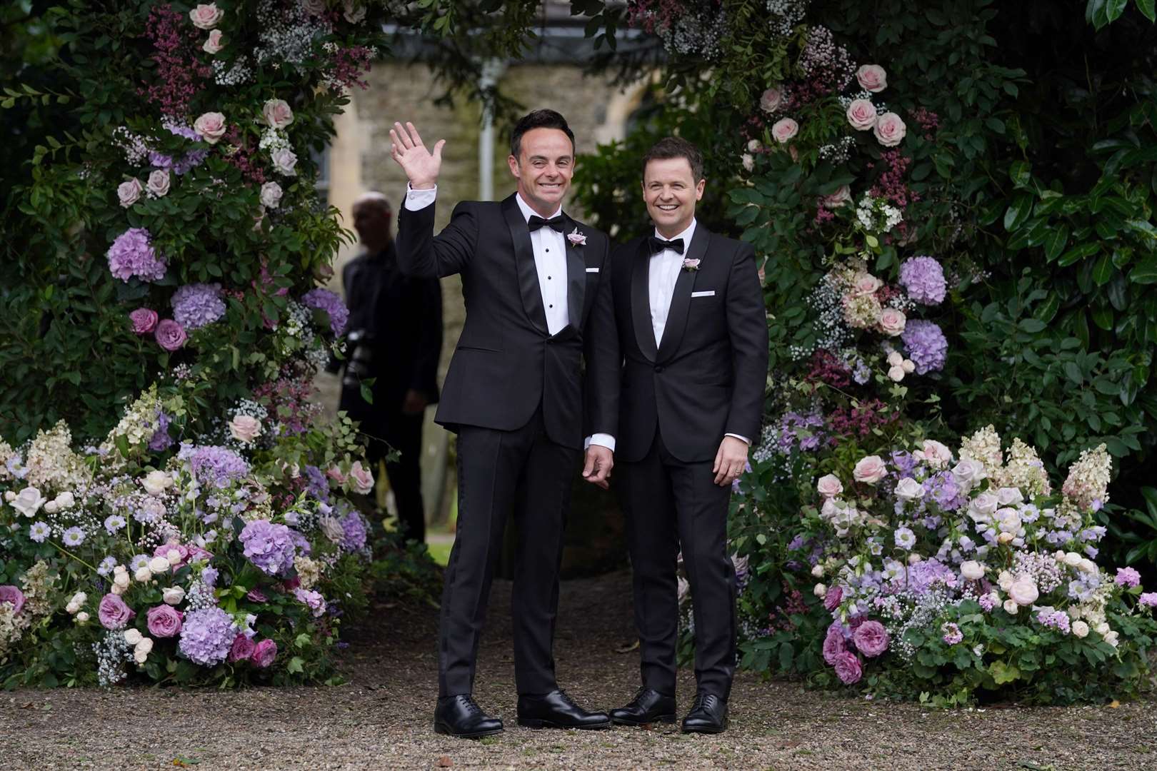 Anthony McPartlin, with Declan Donnelly (right), arriving at St Michael’s church in Heckfield, Hampshire, for his wedding to Anne-Marie Corbett in August (Kirsty O’Connor/PA)