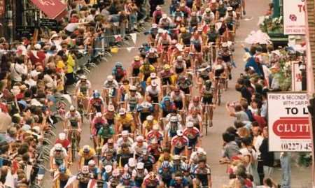 Riders speeding through Canterbury when a stage of the world famous event was held in Kent in 1994