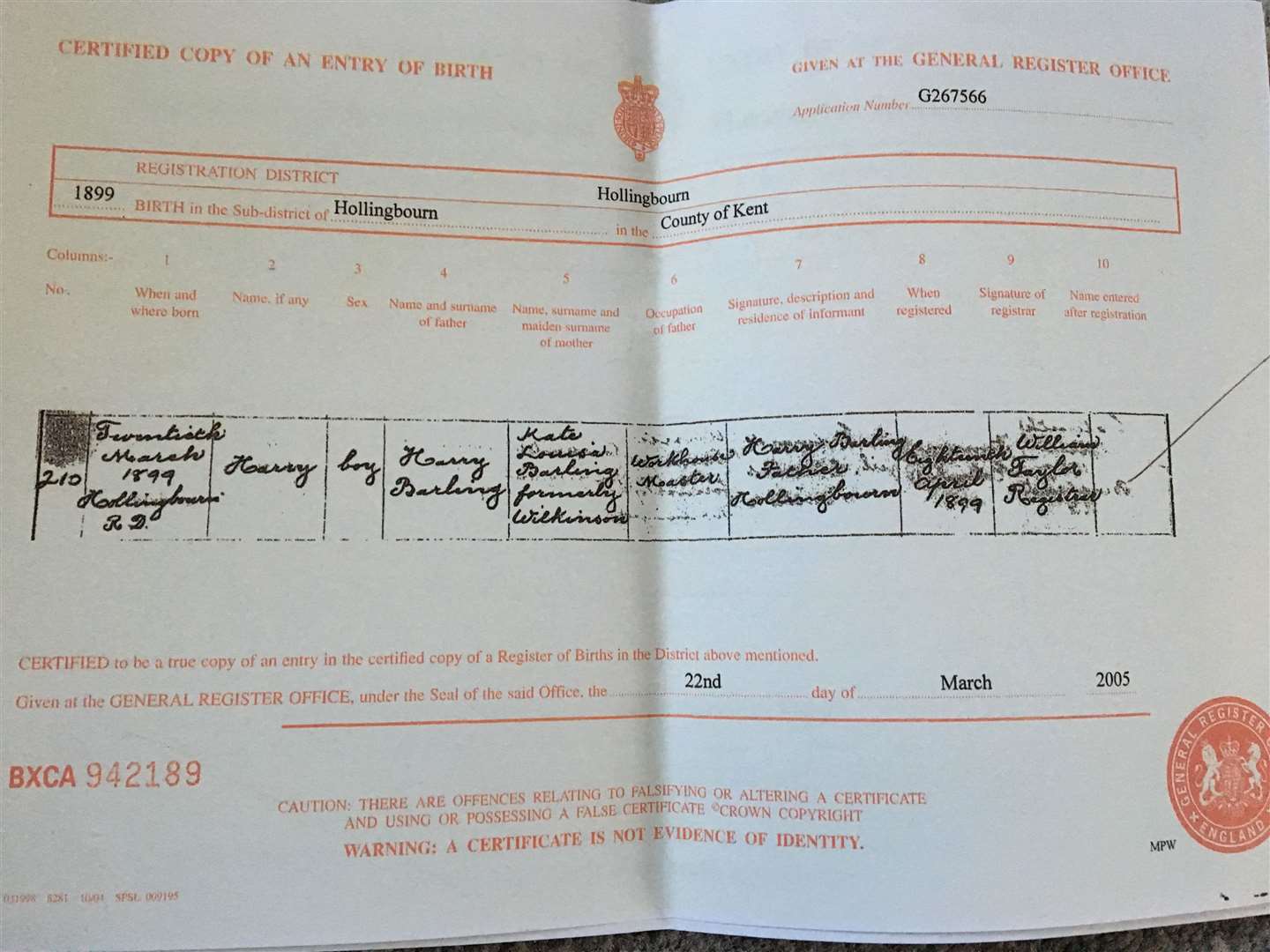 Harry Barling's birth certificate