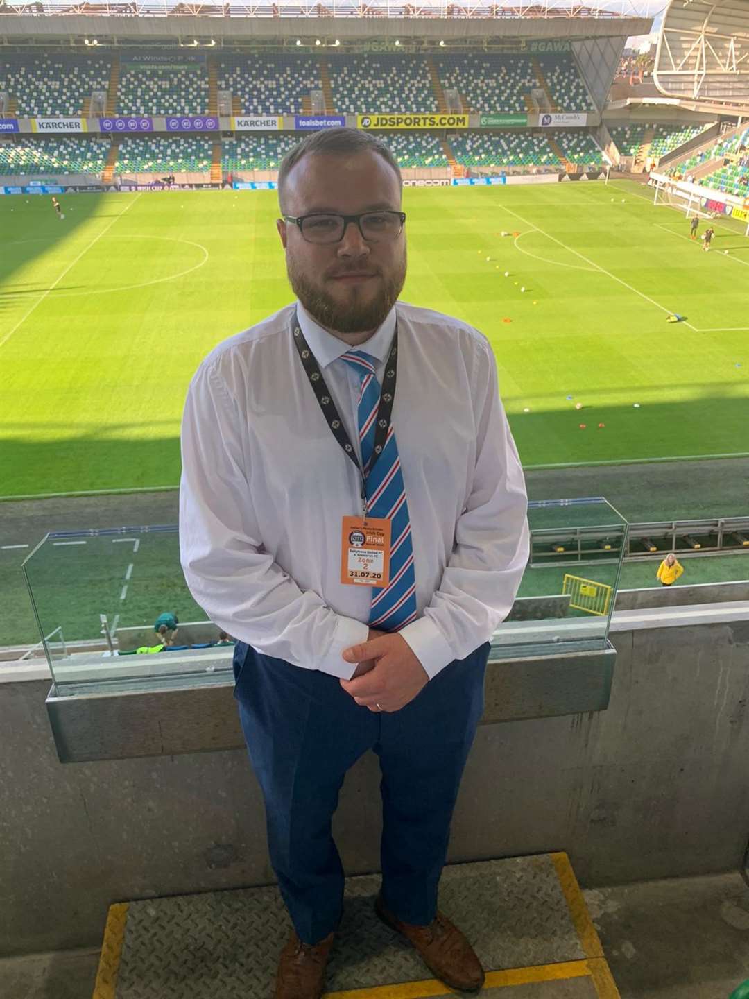 Ballymena United supporter Matthew Armstrong attends the Irish Cup final clash at Windsor Park (Matthew Armstrong/PA)