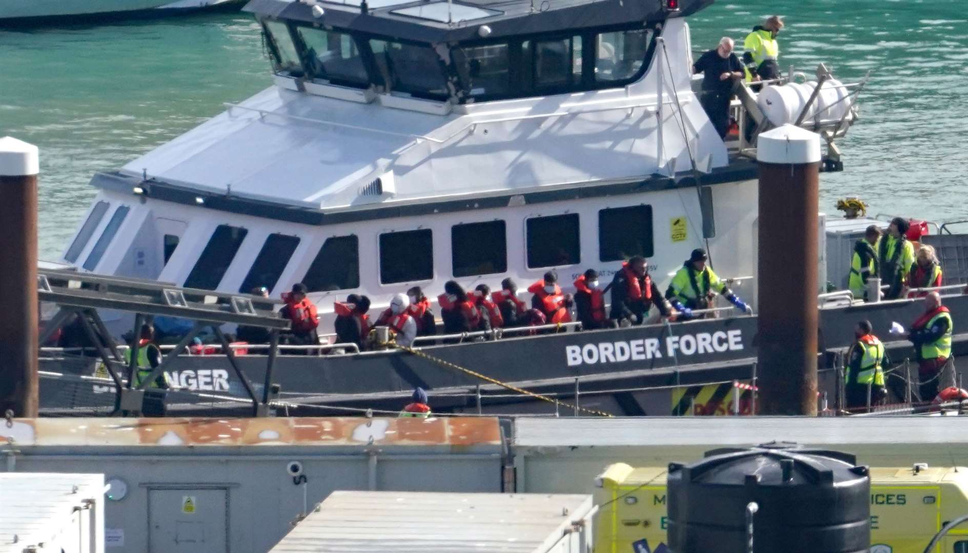 A group of people thought to be migrants are brought into Dover, Kent, by a Border Force vessel following a small boat incident in the Channel (Gareth Fuller/PA)