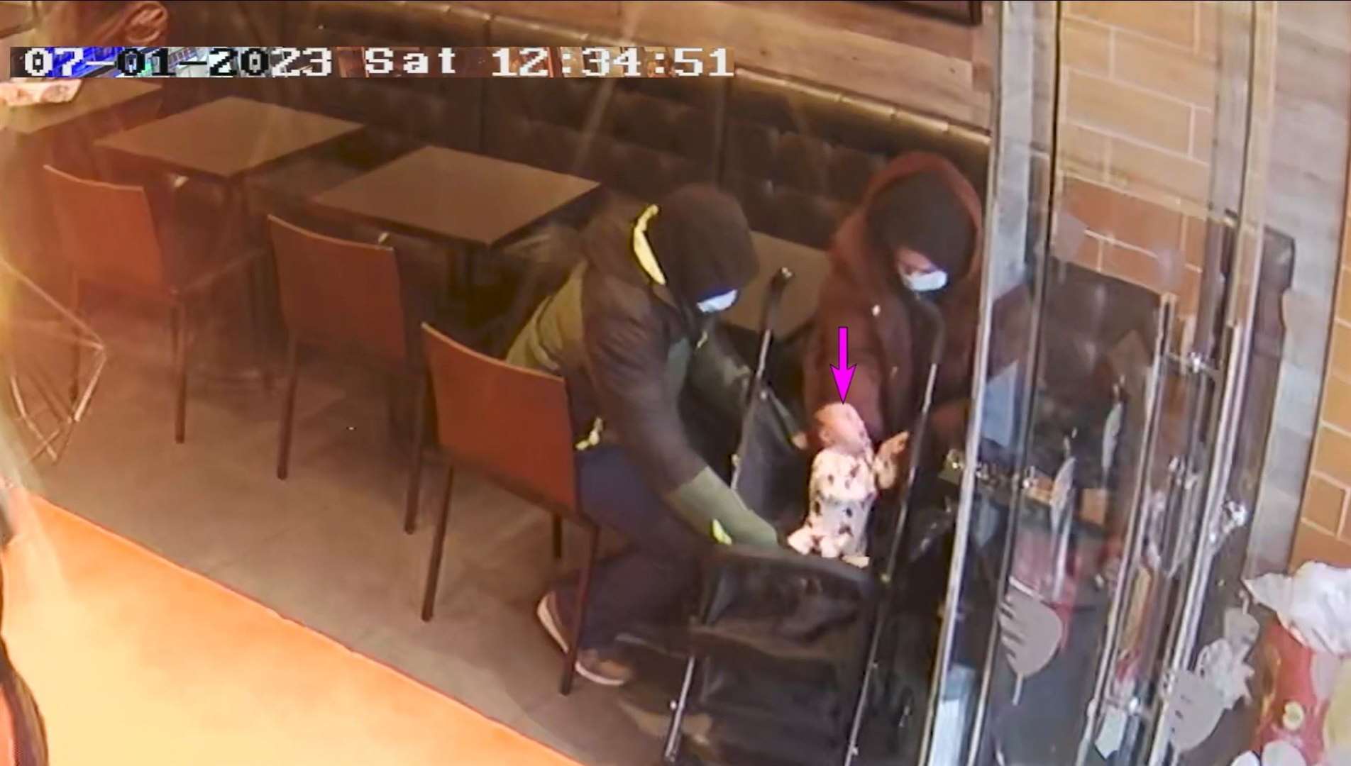 A CCTV image of Constance Marten, Mark Gordon and baby Victoria in a kebab shop in London was shown in court during the trial (Met Police/PA)