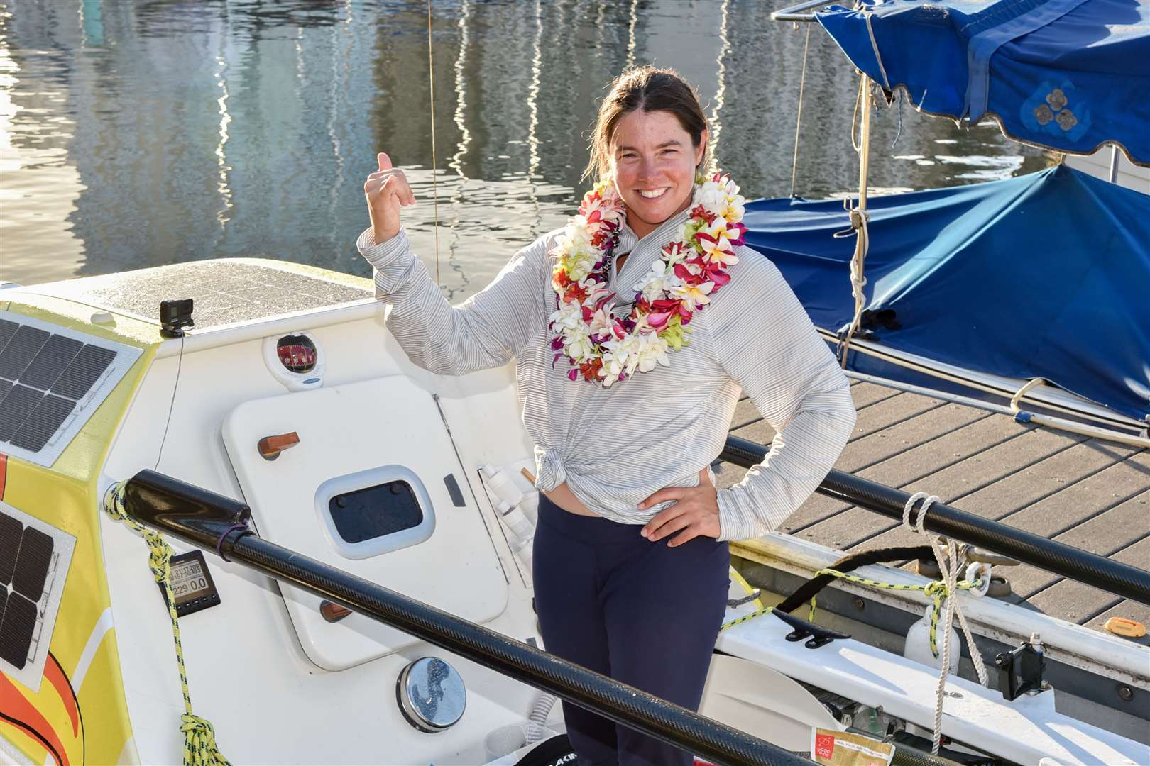 Lia Ditton arrives at Waikiki Yacht Club, Hawaii (Tobias Manuputy/Pasha Hawaii/PA)