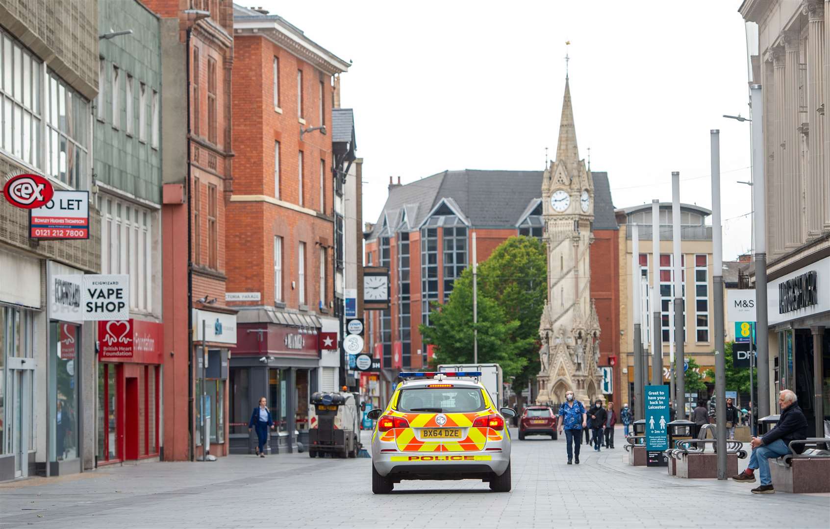 A police car in Gallowtree Gate in Leicester after Health Secretary Matt Hancock imposed a local lockdown following a spike in coronavirus cases in the city (Joe Giddens/PA)