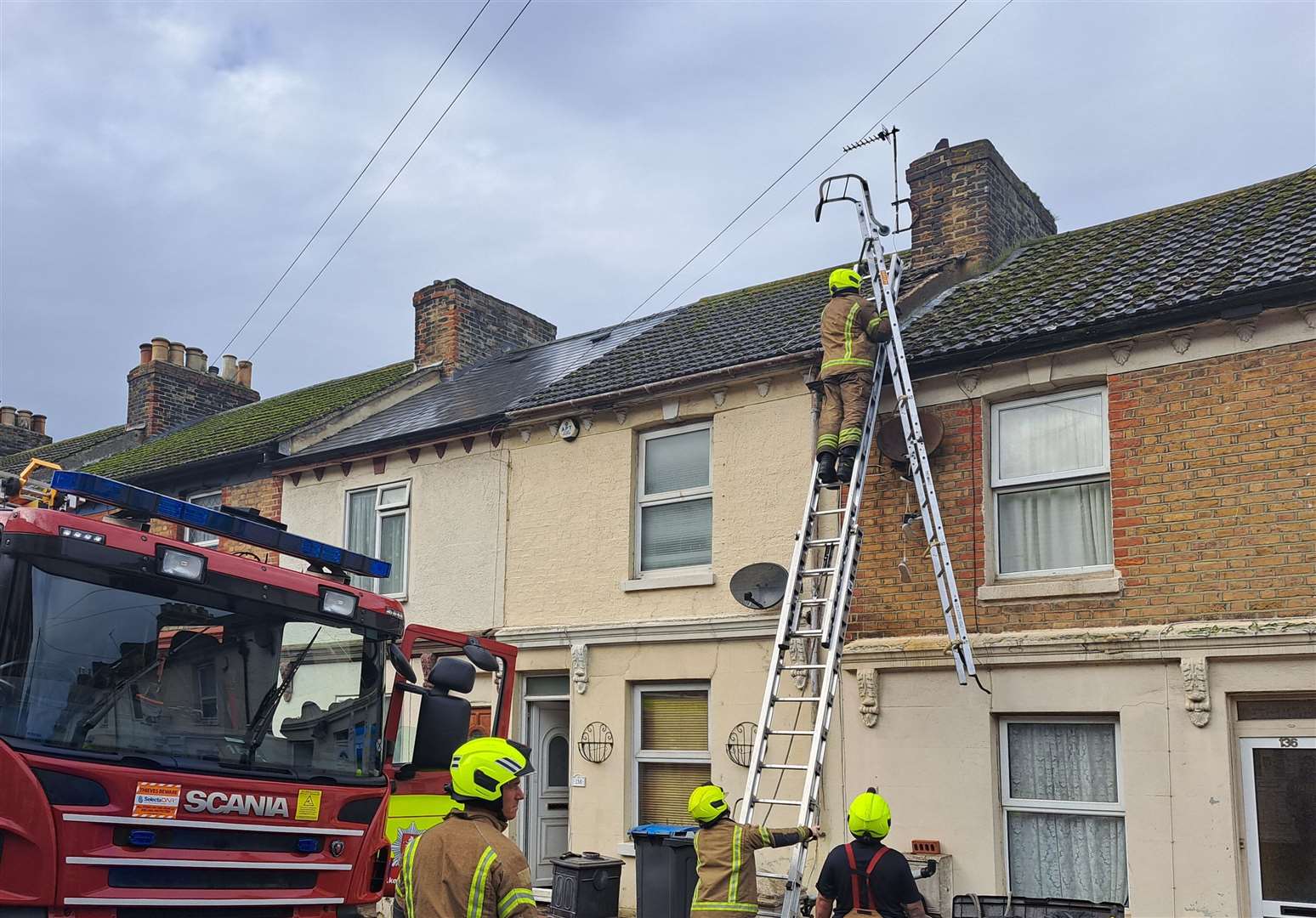 The last firefighter climbing down as work on the incident is complete