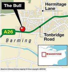 The crash happened near the Bull pub in Tonbridge Road, Barming, near Maidstone. Graphic: Ashley Austen