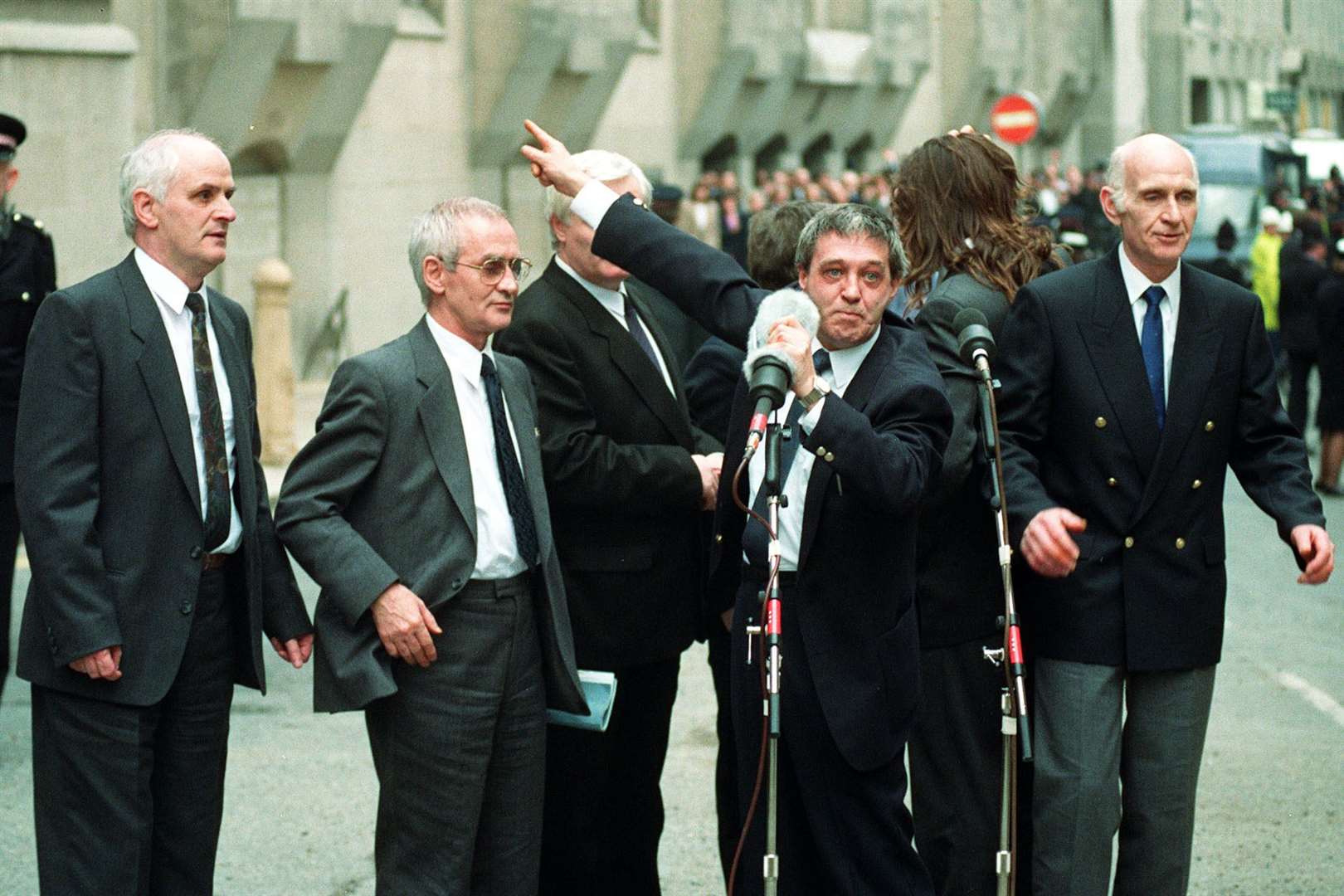 Paddy Hill with Hugh Callaghan, Richard McIlkenny and John Walker outside Old Bailey after the convictions of the Birmingham Six were quashed (PA)