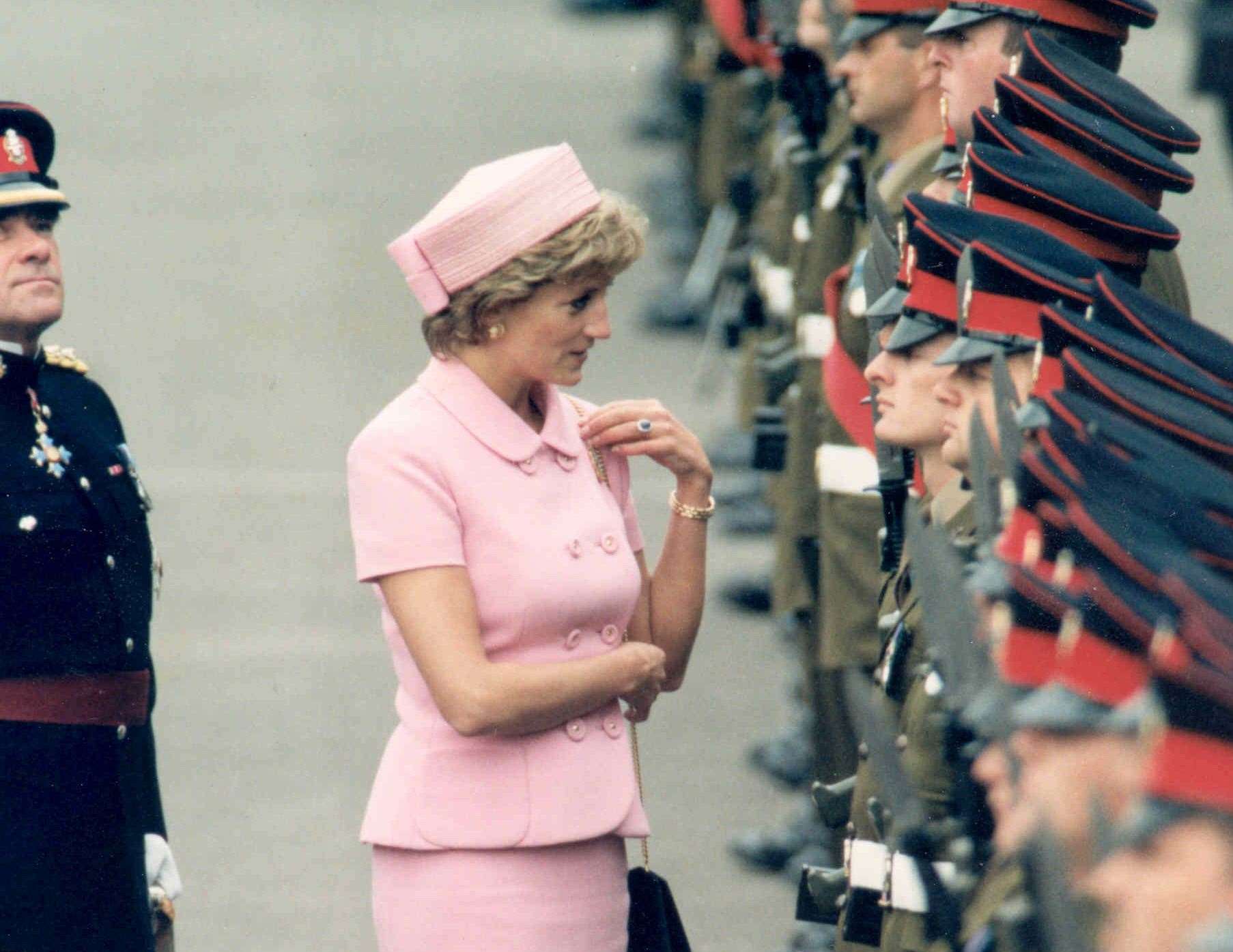 Princess Diana presenting her regiment, the Princess of Wales's Royal Regiment, with its new colours at Howe Barracks, Canterbury, in May 1995