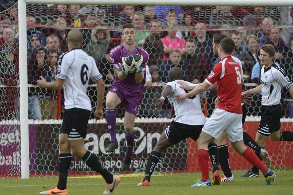 Dover goalkeeper Mitchell Walker collects the ball safely in the play-off final triumph over Ebbsfleet in May. Picture: Andy Payton