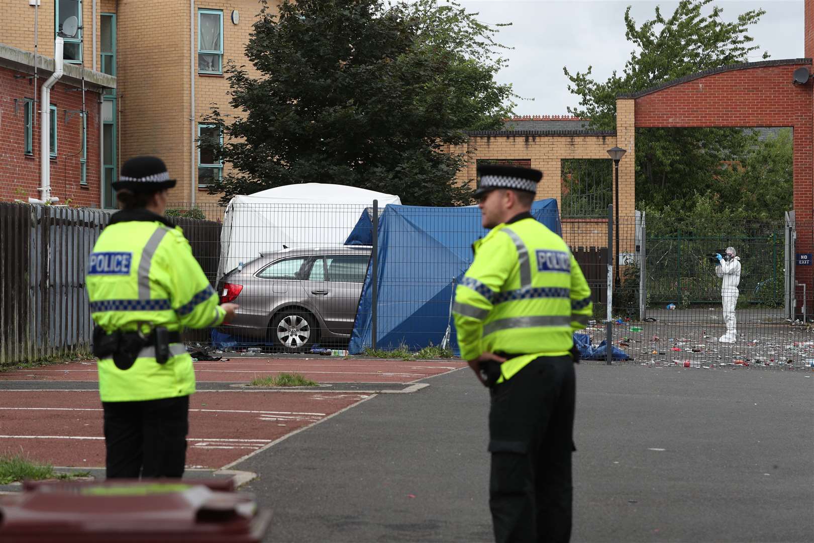 A police tent covered a Skoda car (Peter Byrne/PA)