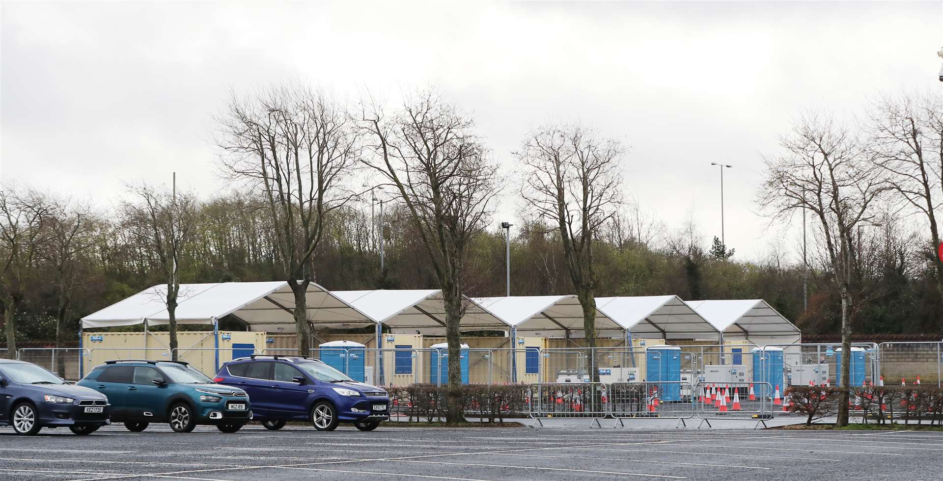 A drive-thru coronavirus testing facility being built in the car park of the SSE Arena in Belfast. (Niall Carson/PA)