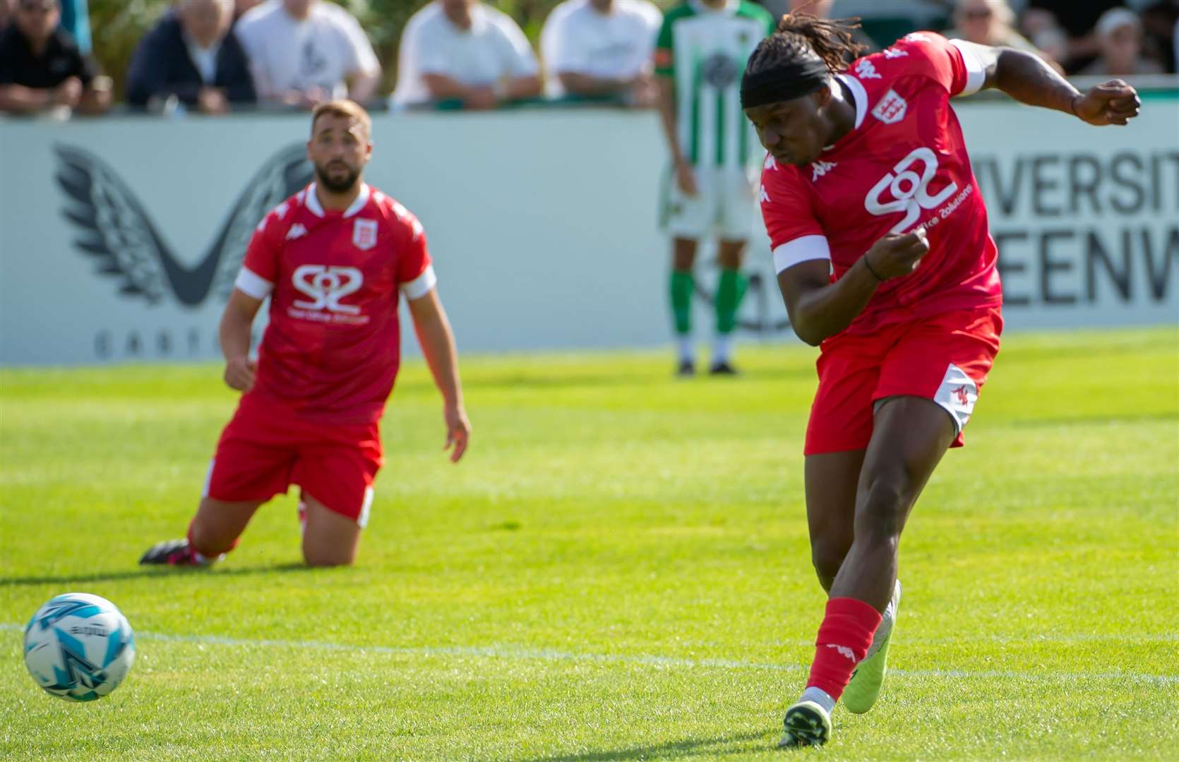 Jefferson Aibangbee makes it 3-0, having been set up by player-boss Sammy Moore in their opening-day victory at VCD. Picture: Ian Scammell