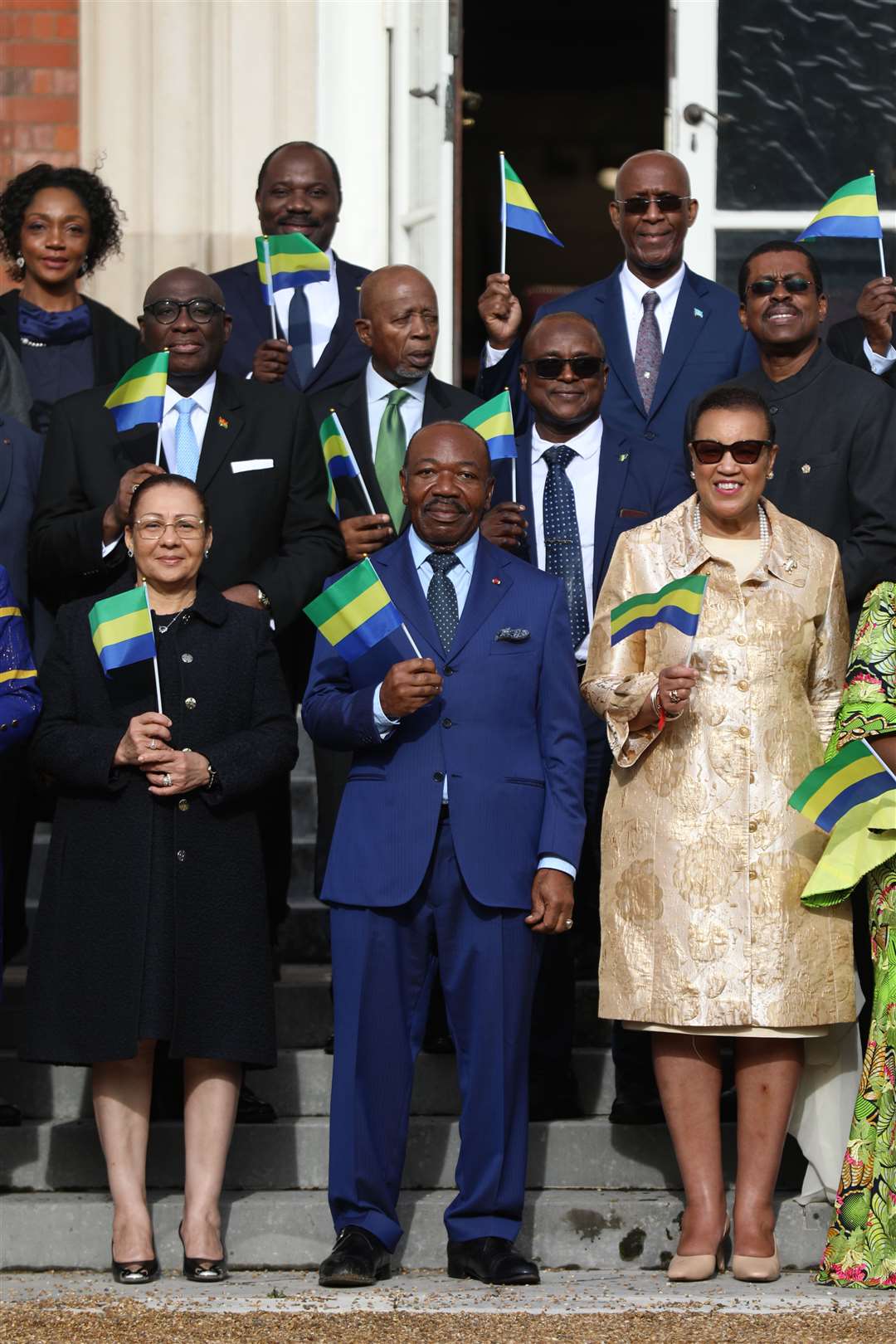 The President of Gabon, Ali Bongo Ondimba and the Commonwealth Secretary General, Baroness Patricia Scotland (front right), during the flag-raising ceremony (Isabel Infantes/PA)