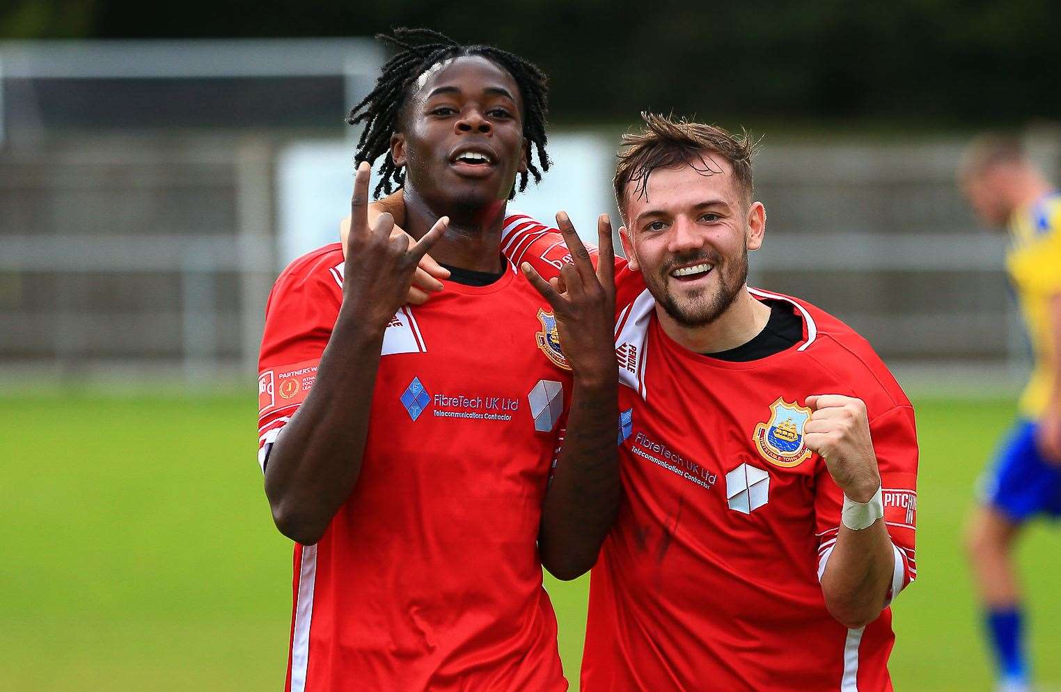 Victor Aiyelabola celebrates with Kyron Lightfoot in Whitstable's weekend win at Stansfeld. Picture: Les Biggs