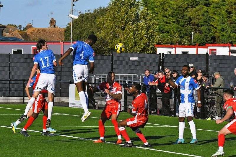 Lekan Majoyegbe heads at goal for Sheppey on Saturday Picture: Marc Richards