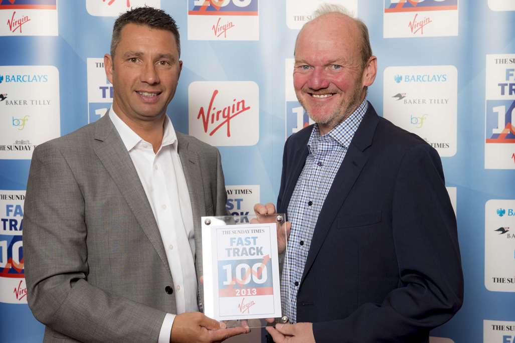 House builder Chartway Group, which came top of MegaGrowth 50 2014, was included in the Fast Track 100 in the Sunday Times for the second year running. Founders Ian Savage, left, and Phil Cunningham pick up last year's award