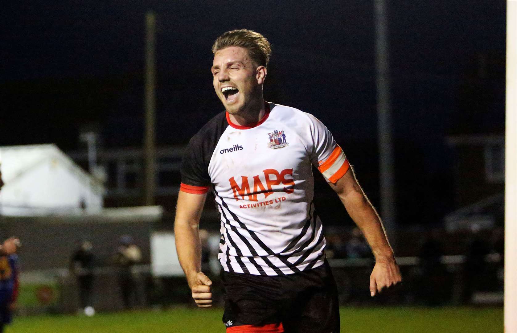 Deal Town captain Aaron Millbank scored twice against Holmesdale and hit one in from halfway on Tuesday night Picture: Paul Willmott