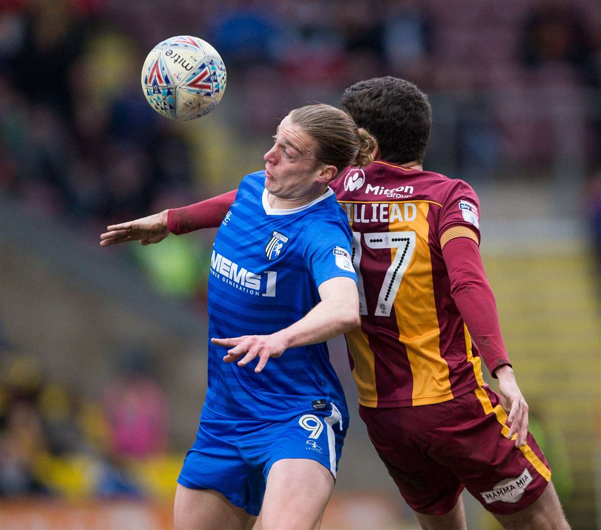 Gillingham's Tom Eaves against Bradford's Alex Gilliead last season Picture: Ady Kerry