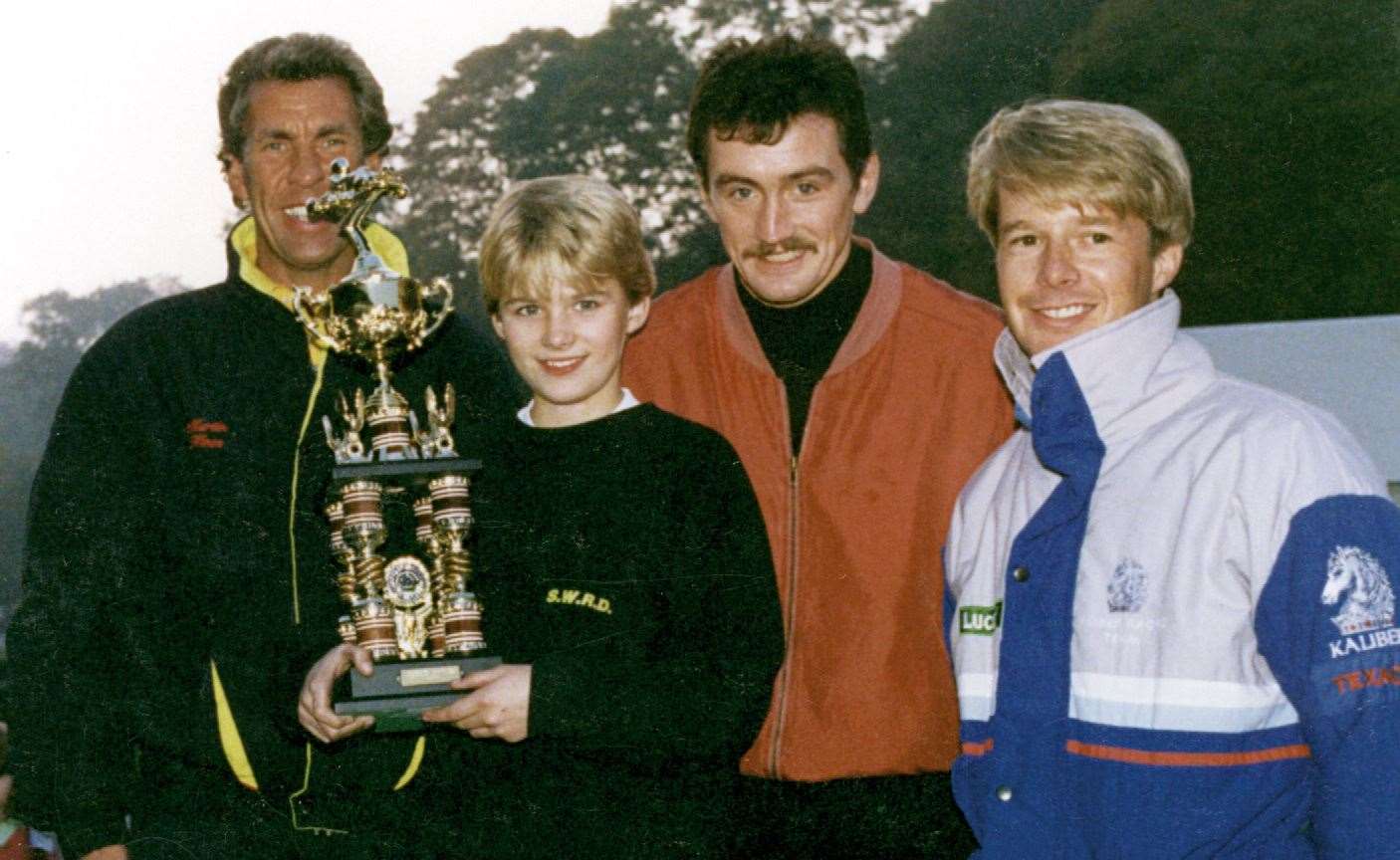 From left to right: Martin Hines, Dan Wheldon, Barry McGuigan and Richard Dean at Buckmore in 1992. Sisley says Wheldon, a two-time Indy 500 winner killed during the IndyCar Series finale at Las Vegas in 2011, was 'Mr Super-Smooth'