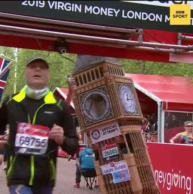 The finish line was a final hurdle for Lukas Bates in his Big Ben costume (9289034)