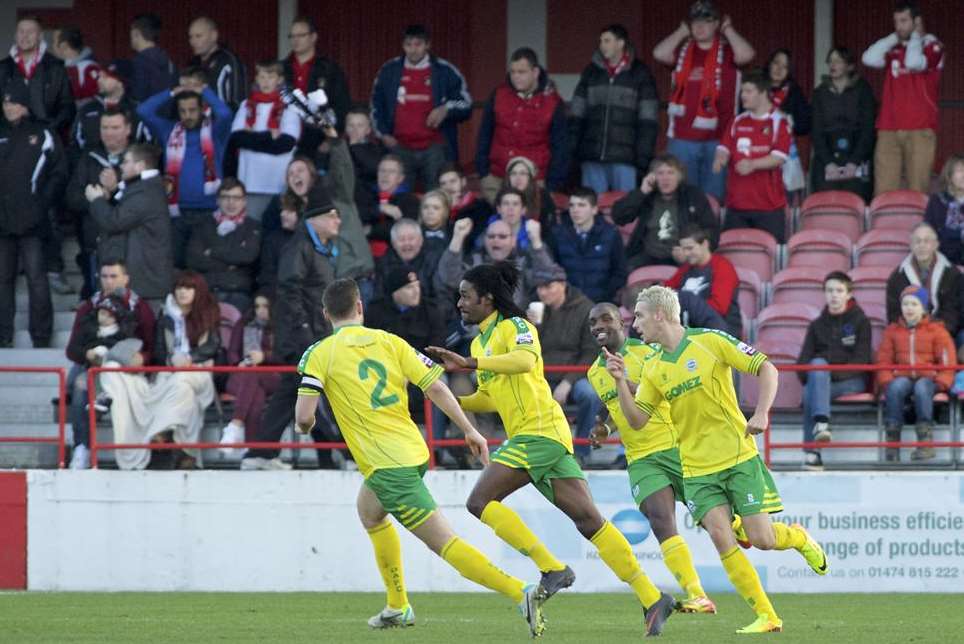 Elliott Charles wheels away after scoring Dover's second (Pic: Andy Payton)