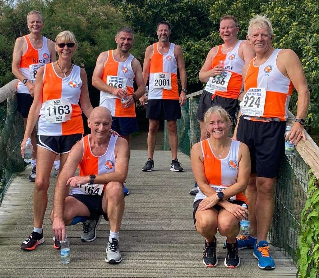 South Kent Harriers at the Folkestone coastal 10K. From left: Nick Hilditch, Jane Wren, Alan Randall (sitting), Kevin Southen, Lee Sentenacq, Craig Hoveman, Helen Proud(sitting) and Andy Fogg.