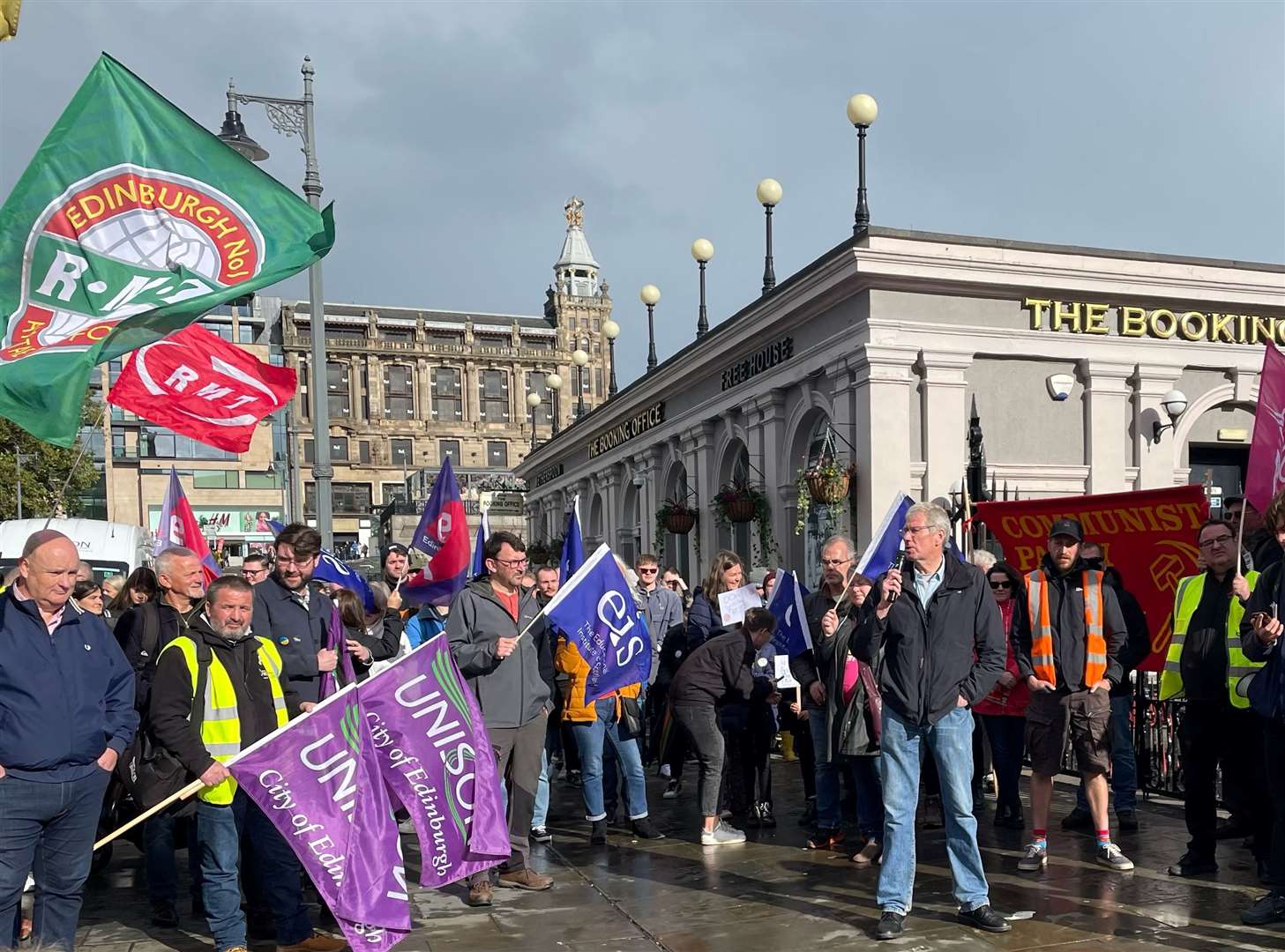 Kenny MacAskill MSP (with microphone) joined rail workers on the picket line (Lauren Gilmour/PA)