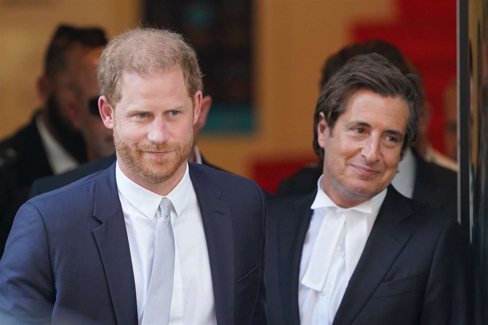 The Duke of Sussex with his barrister David Sherborne leaving the Rolls Buildings in central London after giving evidence in the phone hacking trial against Mirror Group Newspapers in June 2023 (Jonathan Brady/PA)