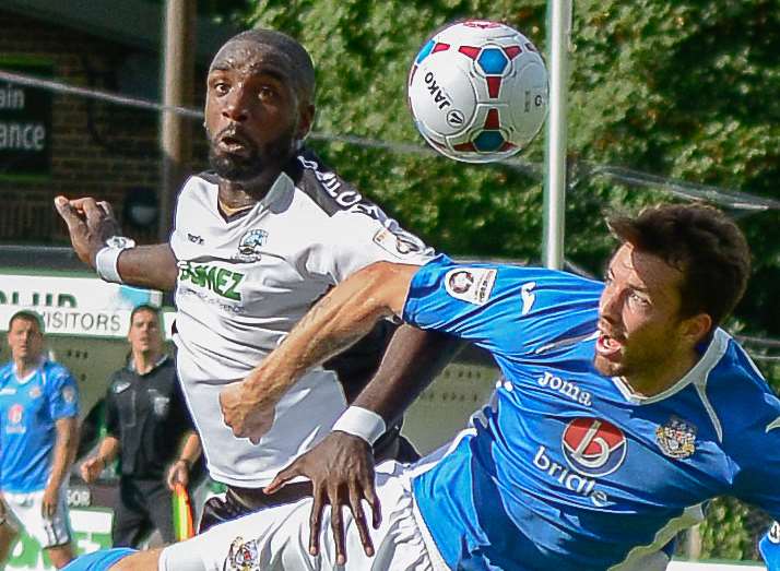 Nathan Elder in the thick of the action for Dover against Eastleigh at Crabble earlier this season